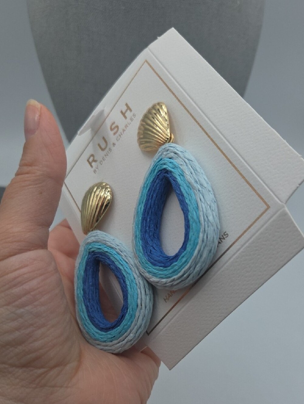 5 for $25! RUSH by Denis & Charles Blue Teardrop Raffia Drop Earrings - Picture 3 of 5